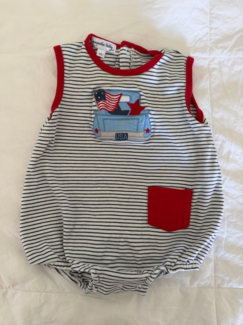 Striped Navy & White USA Patch Baby One-Piece with Red Accents